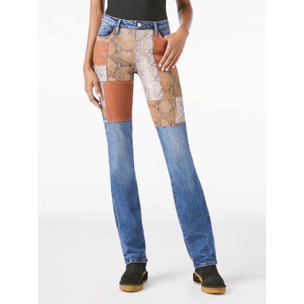 New Frame Le Mini Boot Patchwork Leather Denim Jeans in Kenmore Snake Print 31